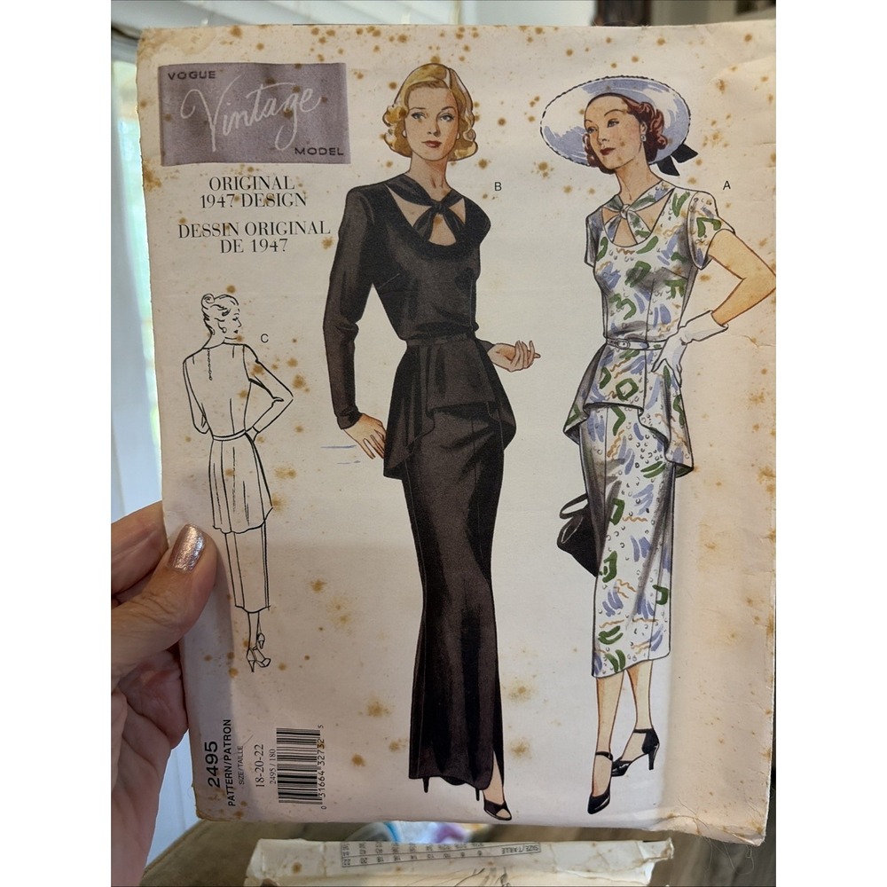 Vogue Vintage 1947 Design 2495 Ladies Peplum Dress Belt Pattern 18-22 Uncut FF